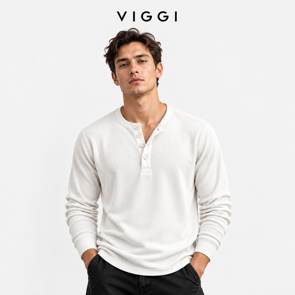 VIGGI Men's Henley T-Shirt - White