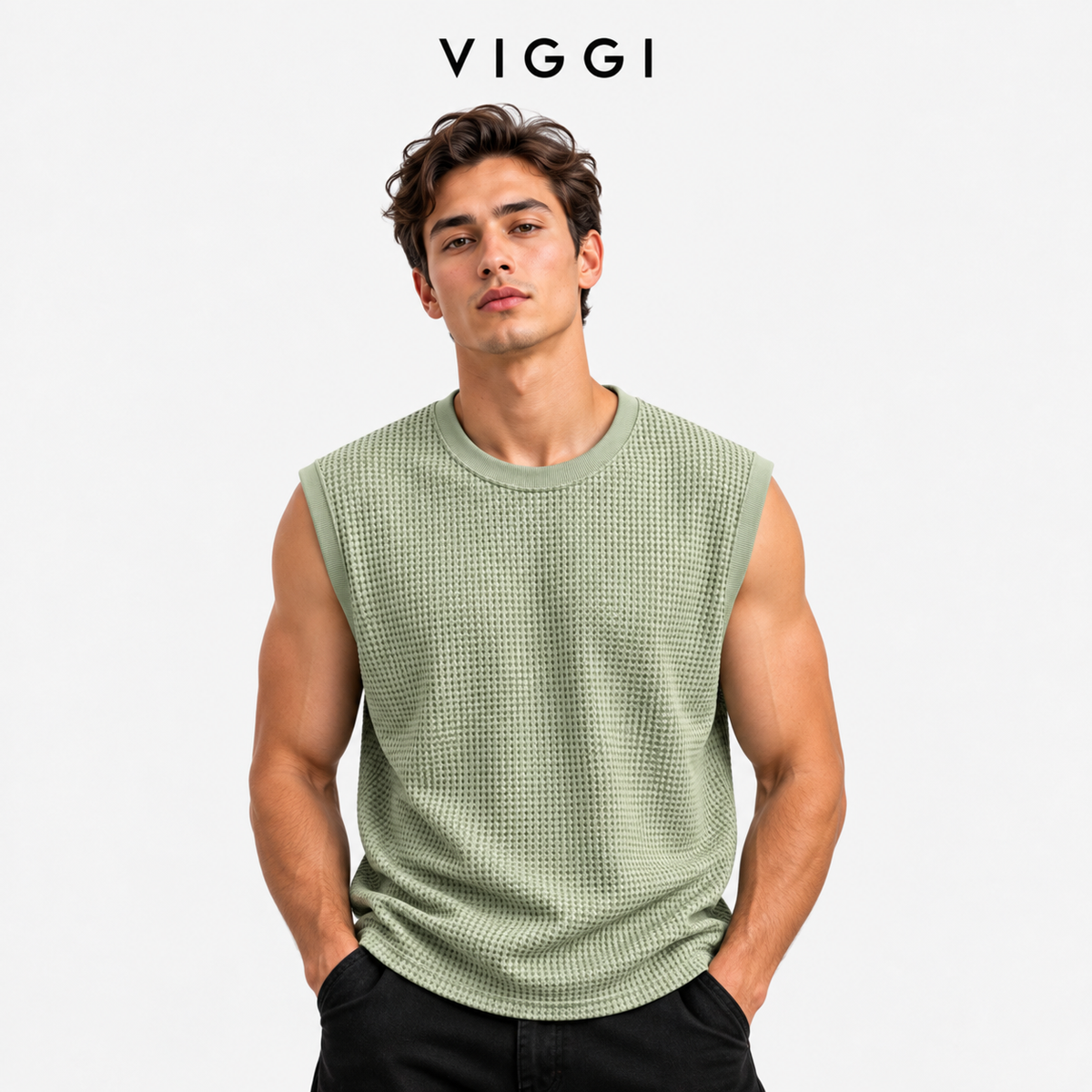VIGGI Men's Waffle Texture Sleeveless Vest - Sea Green