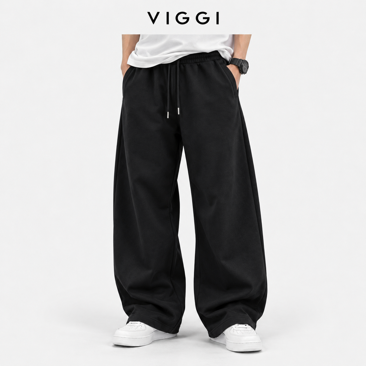 VIGGI Men's Black Cotton Blend Loose Fit Jogger