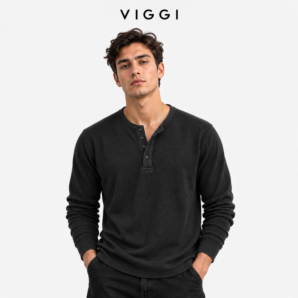 VIGGI Men's Henley T-Shirt - Dark Grey