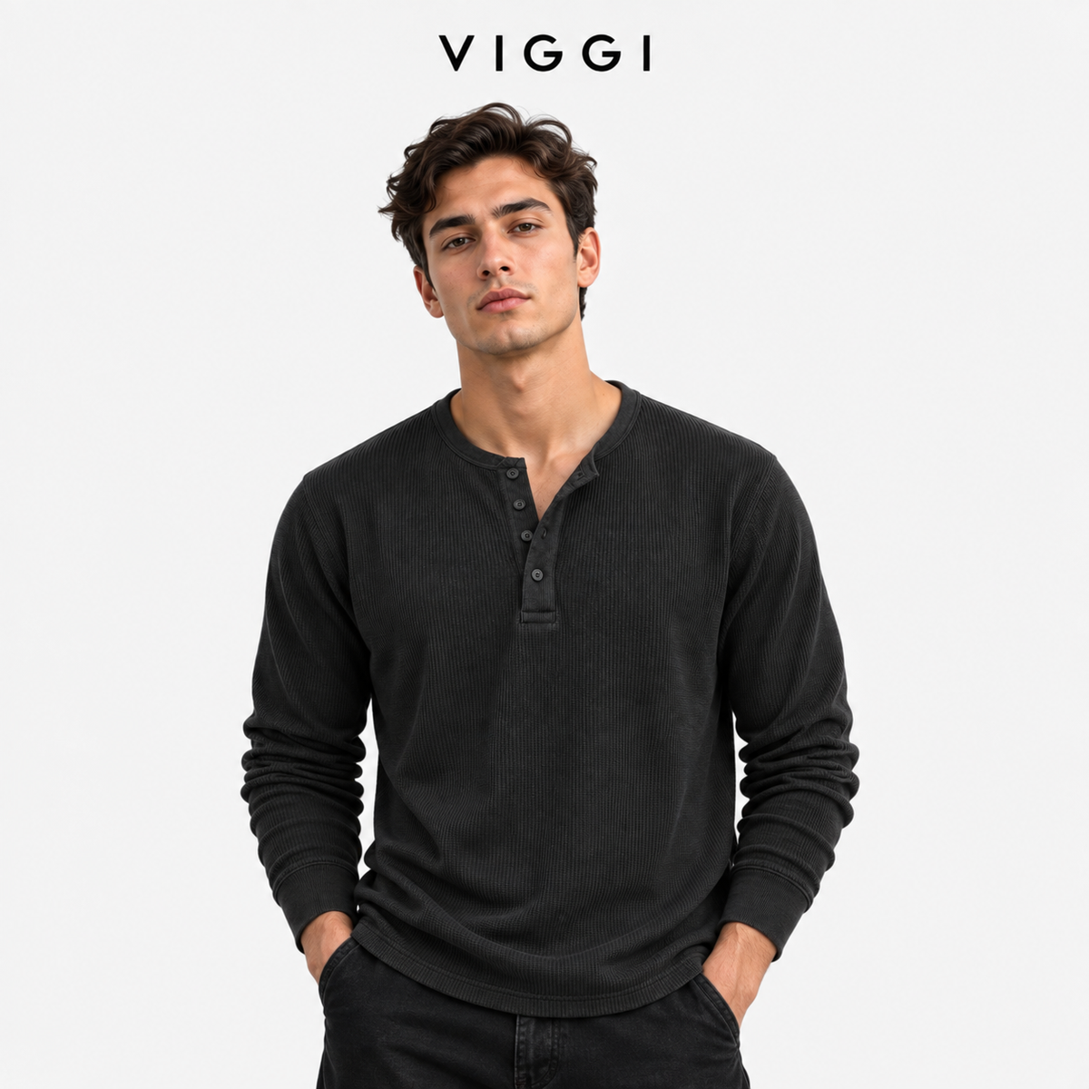 VIGGI Men's Henley T-Shirt - Dark Grey