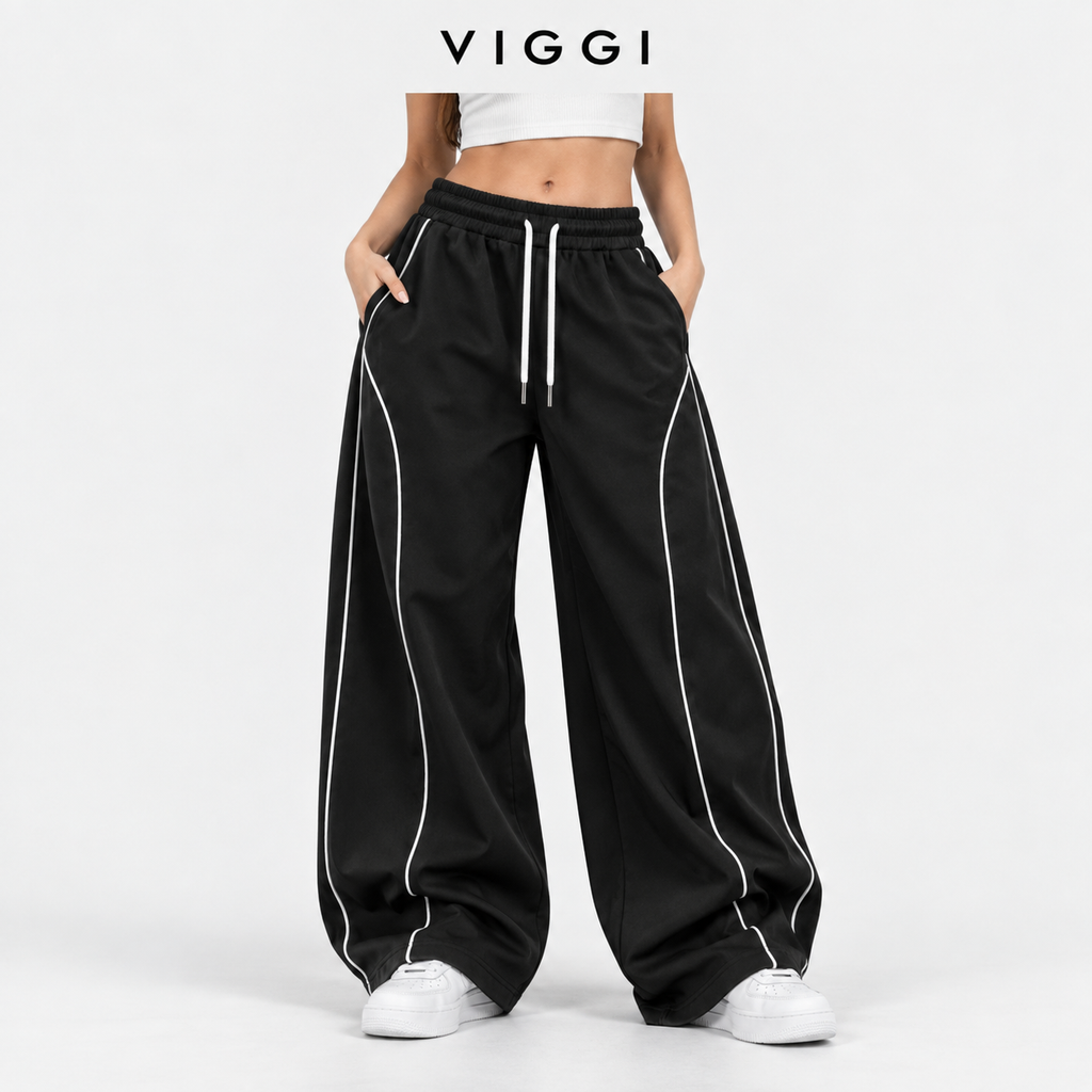 VIGGI NS Pipe Black Straight Fit Track Pant for women | Polyester
