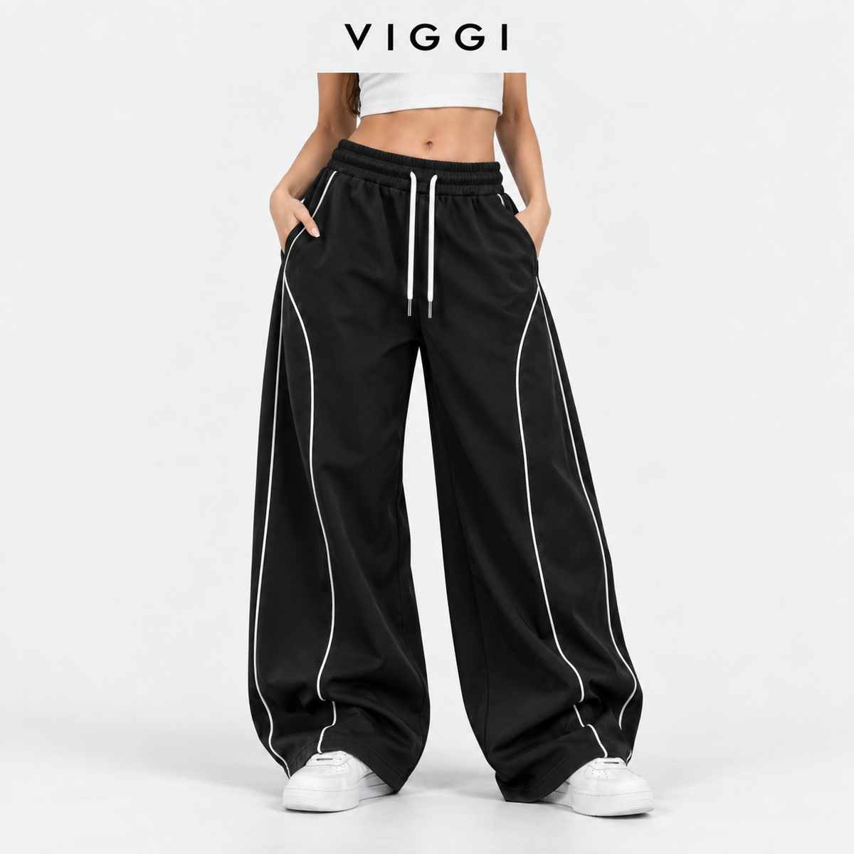 VIGGI NS Pipe Black Straight Fit Track Pant for women | Polyester