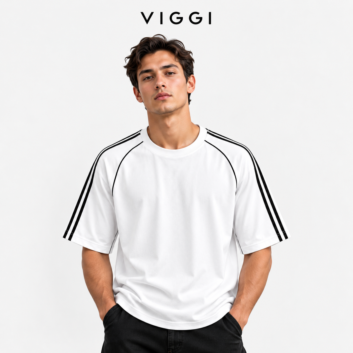 VIGGI Men's White Stripe T-Shirt