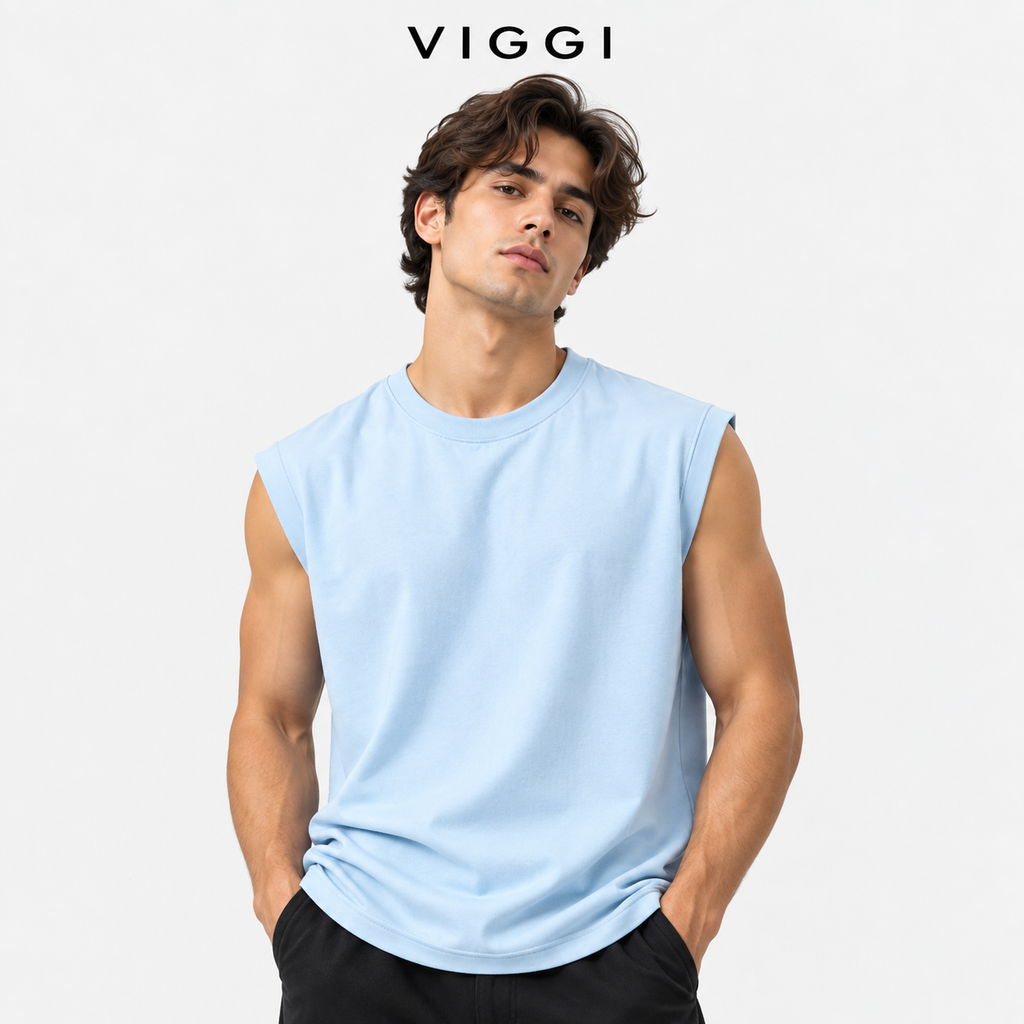VIGGI Men's Poly Cotton Sleeveless Vest - Sky Blue