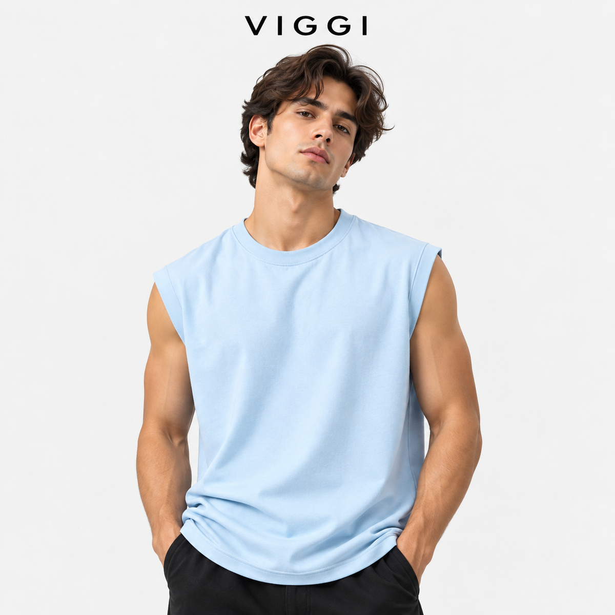VIGGI Men's Poly Cotton Sleeveless Vest - Sky Blue