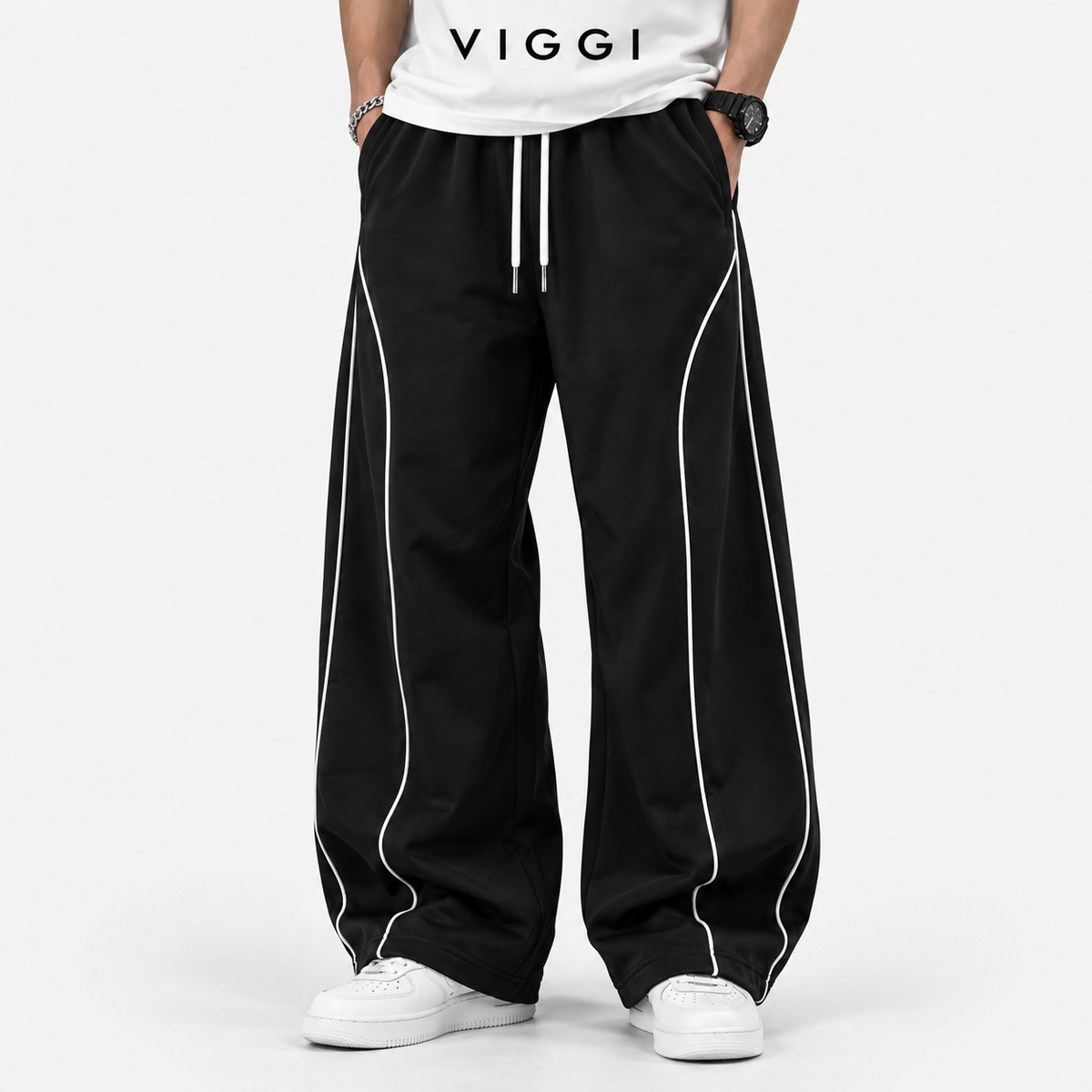 VIGGI NS Pipe Black Straight Fit Track Pant for Men | Polyester