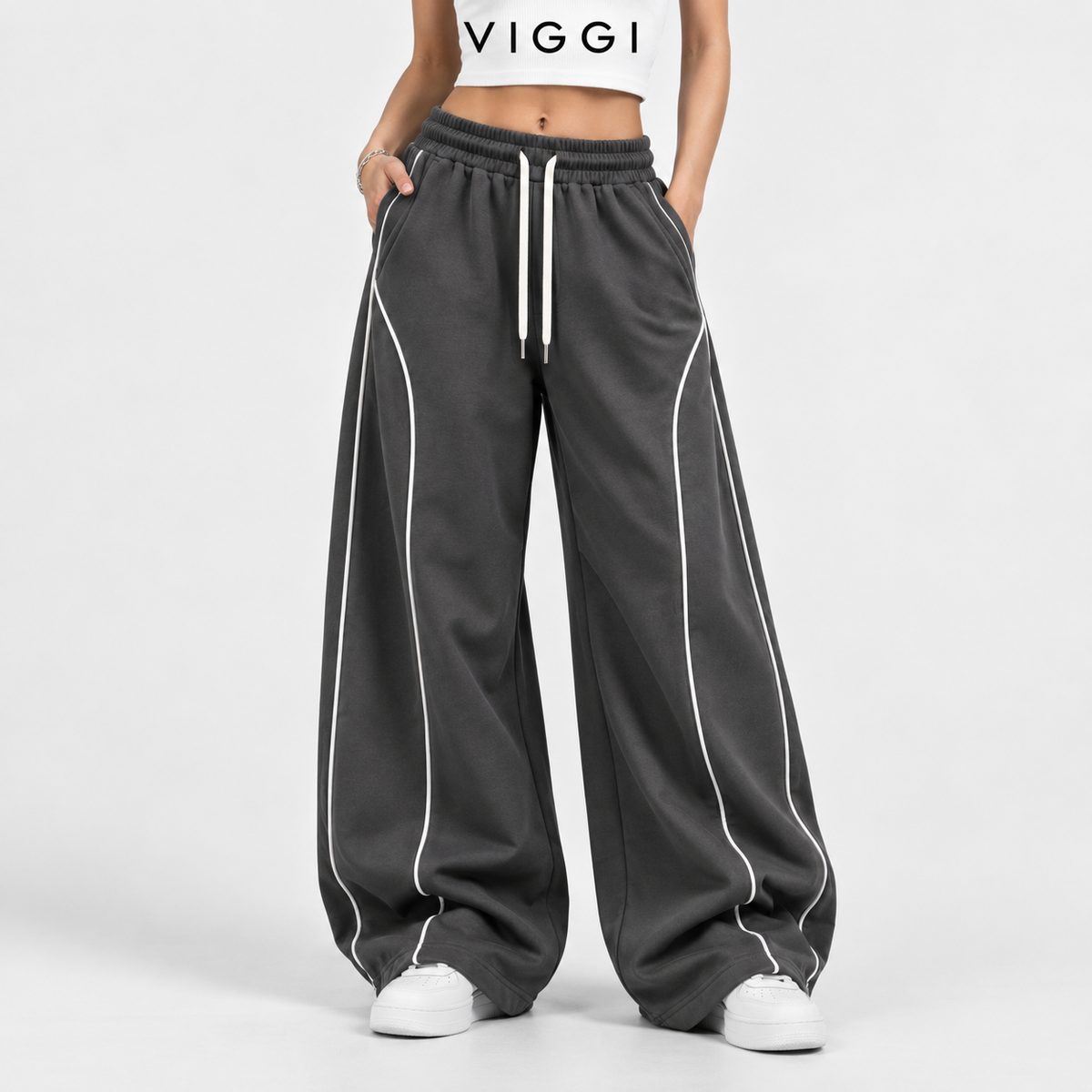 VIGGI NS Pipe Dark Grey Straight Fit Track Pant for Women| Polyester