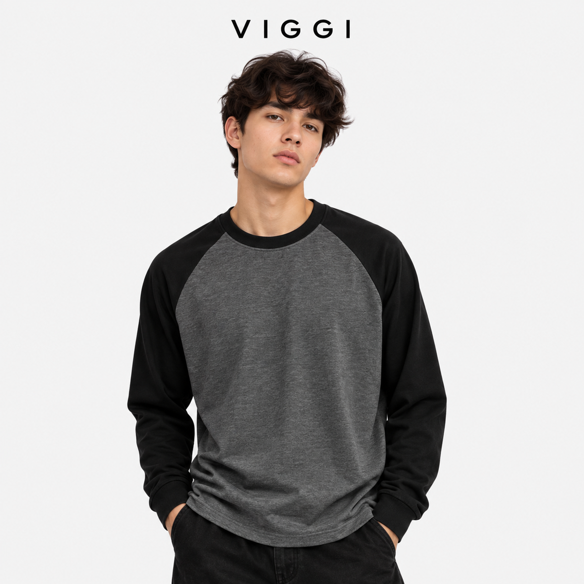 VIGGI Men's Dark Grey Raglan Full Sleeve T-Shirt