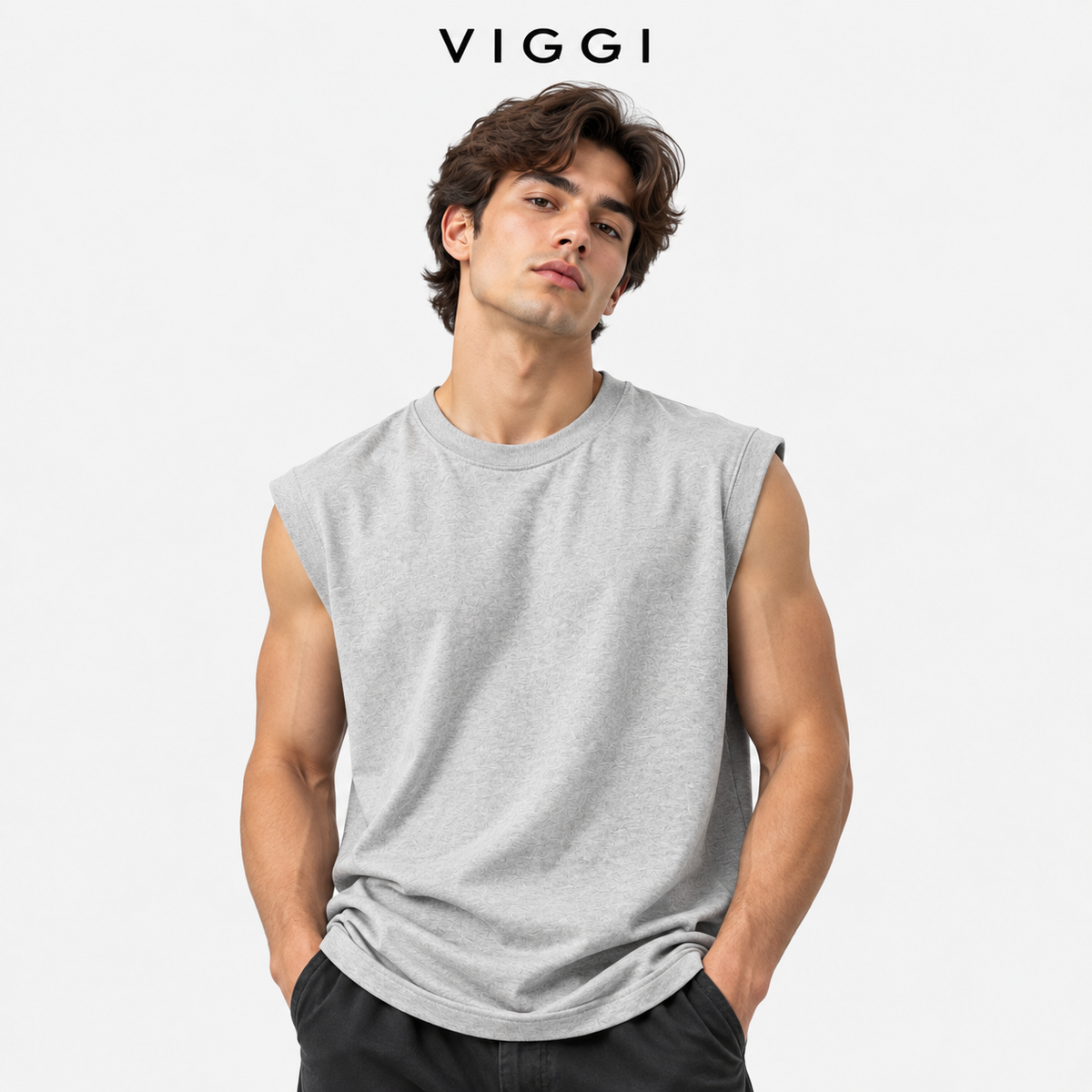 VIGGI Men's Poly Cotton Sleeveless Vest - Light Grey