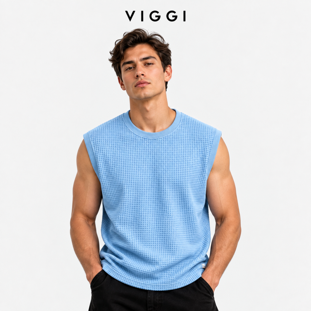 VIGGI Men's Waffle Texture Sleeveless Vest - Sky Blue