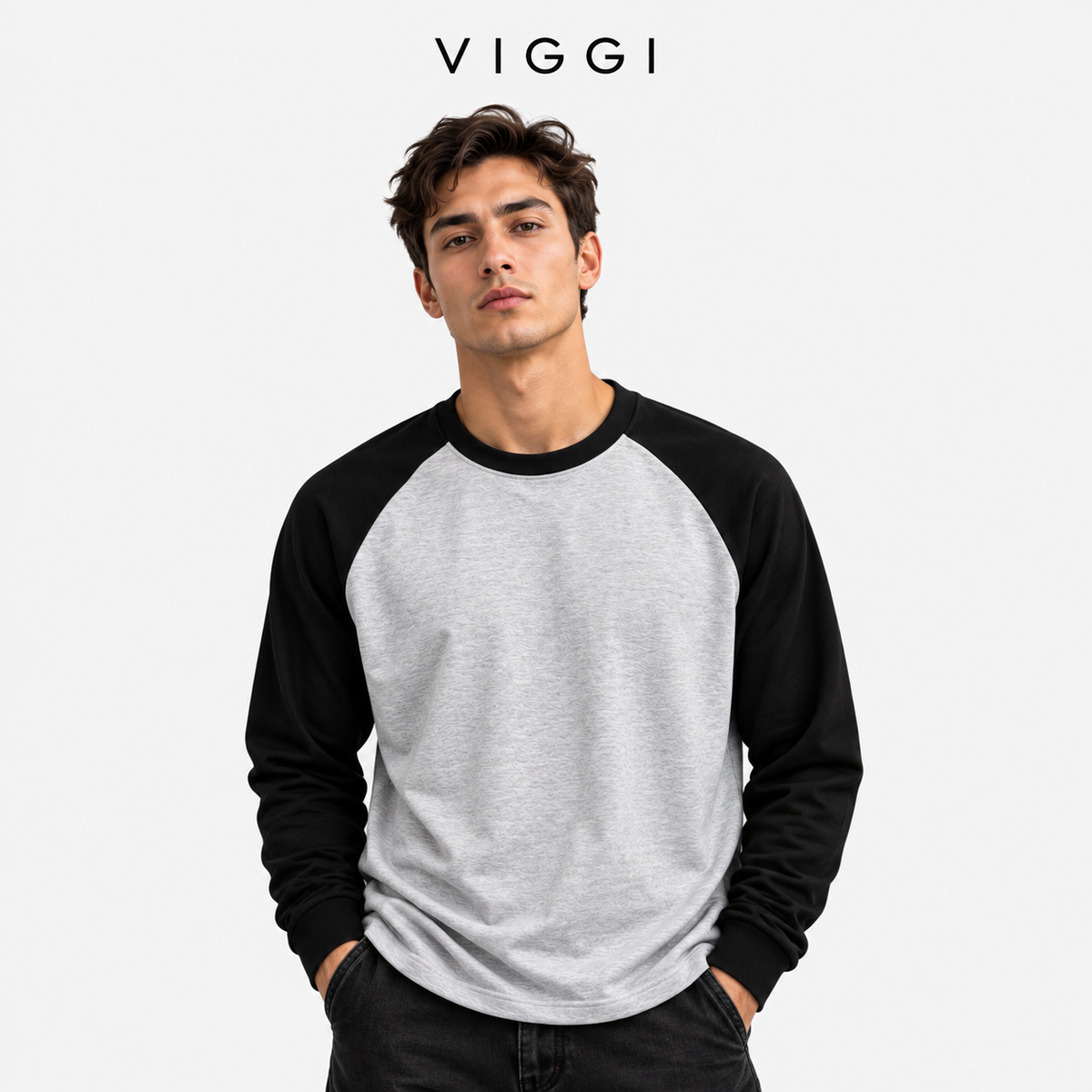 VIGGI Men's Light Grey Raglan Full Sleeve T-Shirt