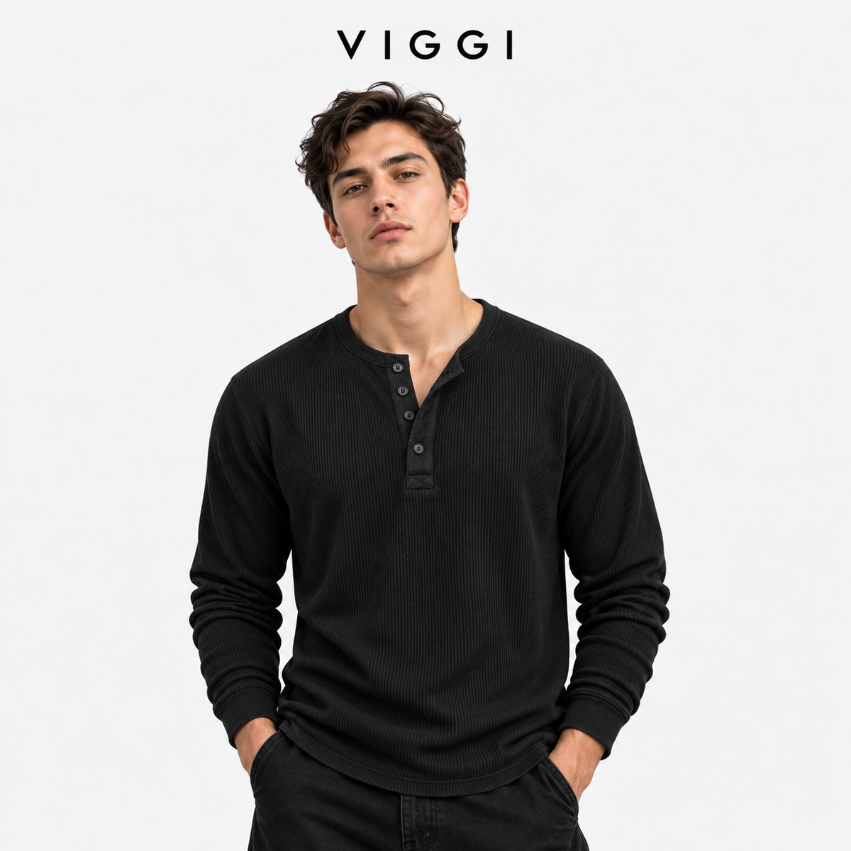 VIGGI Men's Henley T-Shirt - Black