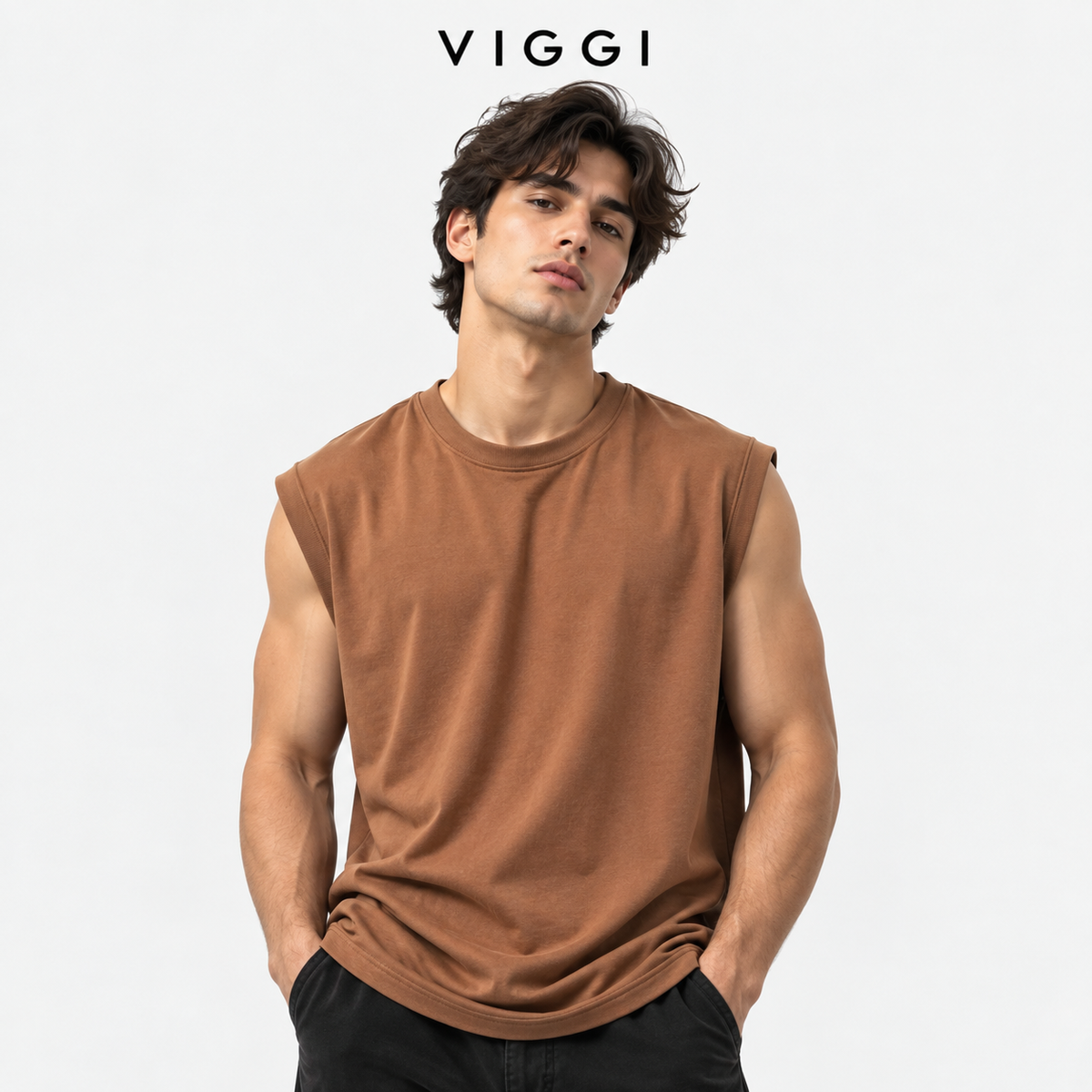VIGGI Men's Poly Cotton Sleeveless Vest - Brown