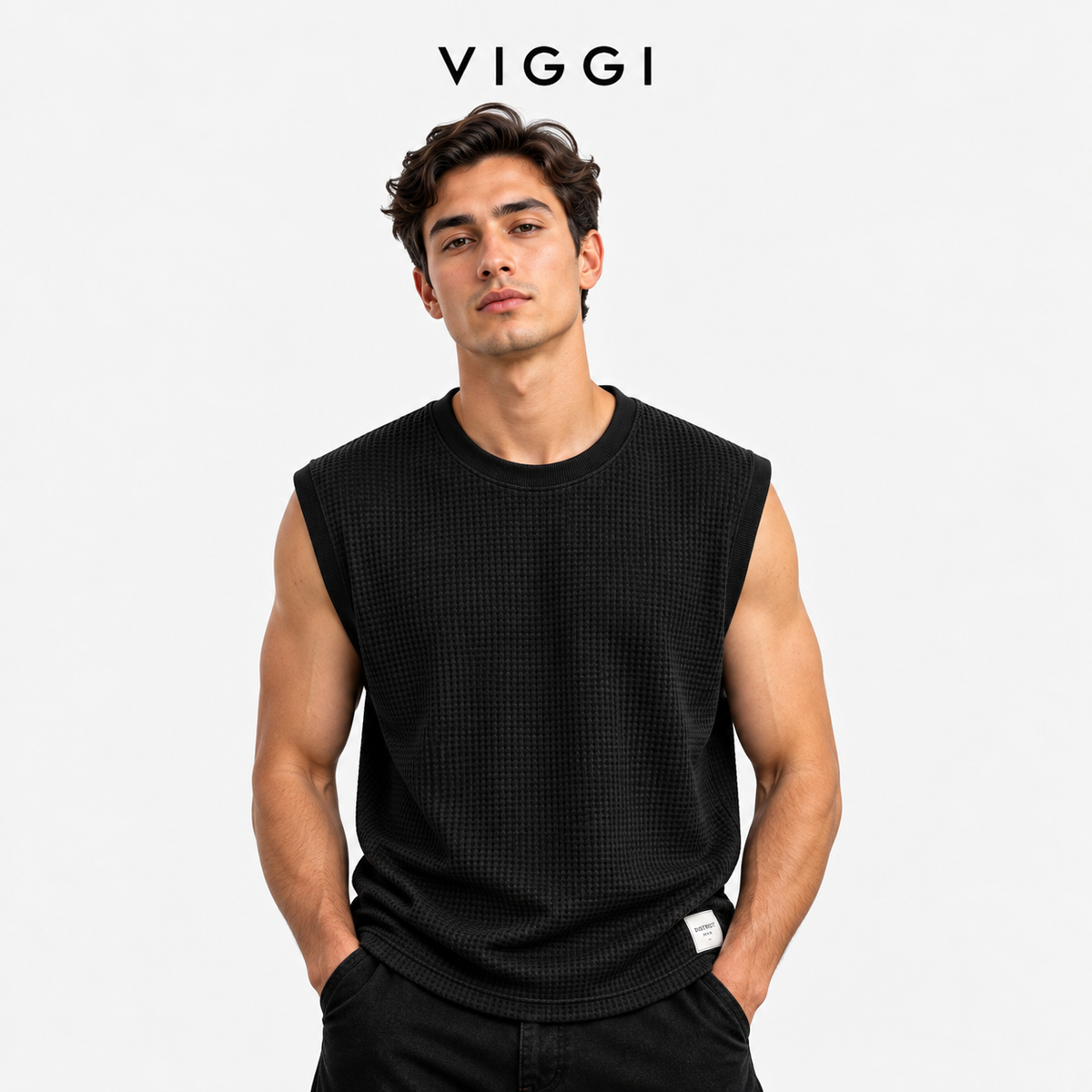 VIGGI Men's Waffle Texture Sleeveless Vest - Black