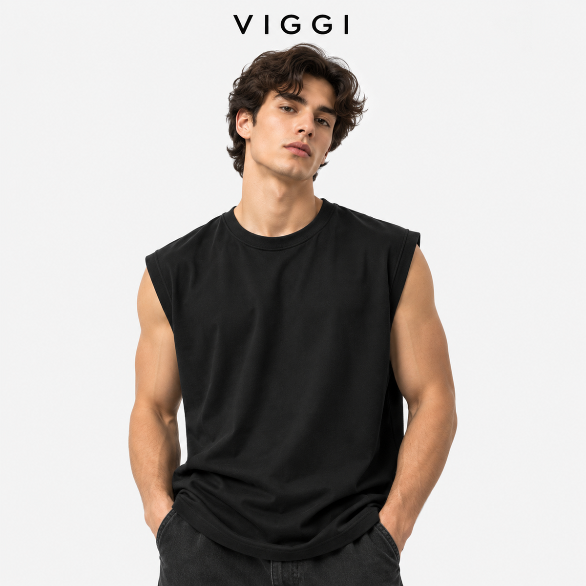 VIGGI Men's Poly Cotton Sleeveless Vest - Black