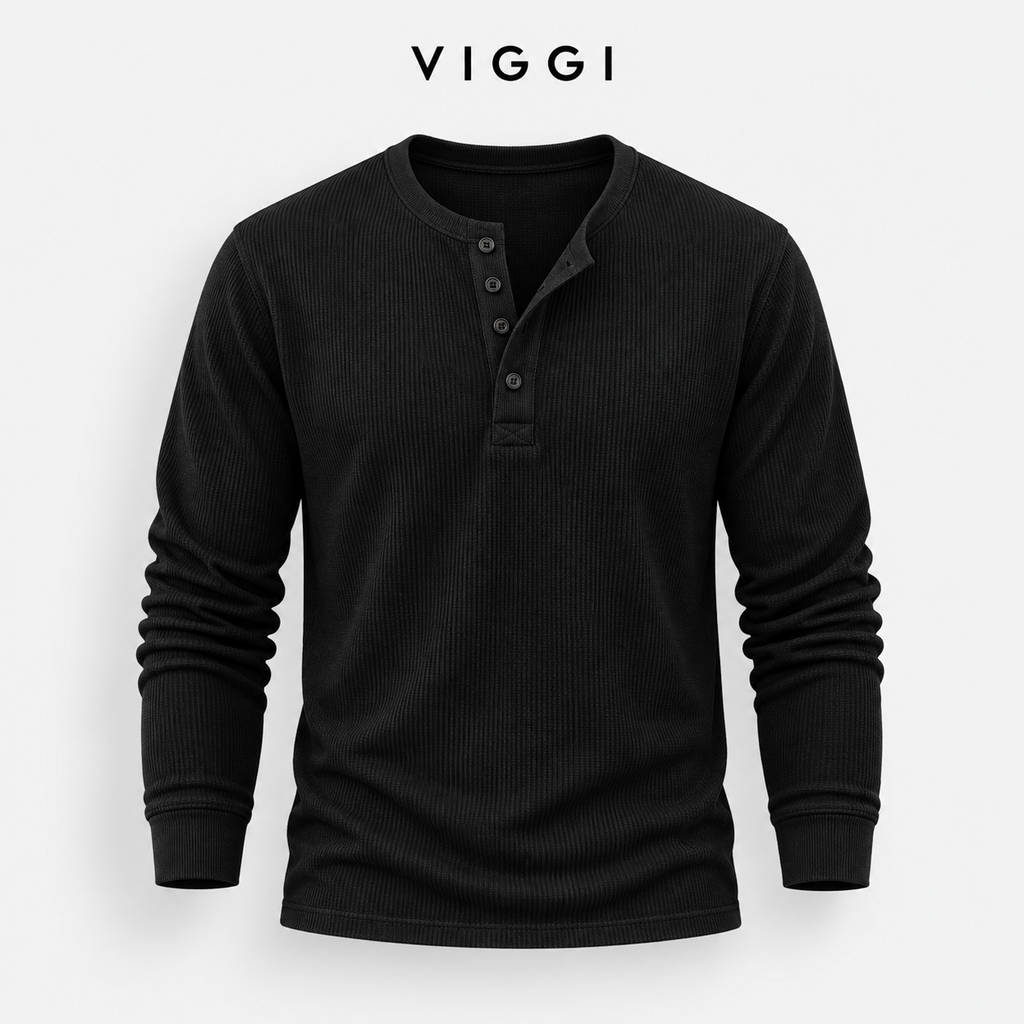 VIGGI Men's Henley T-Shirt - Black